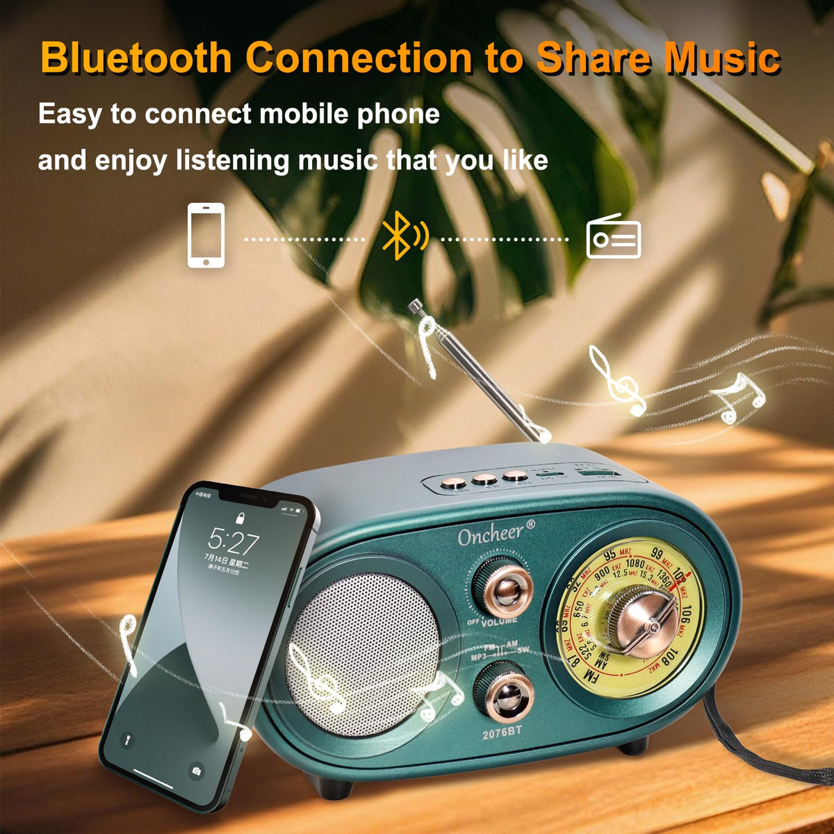 Oncheer FM/AM/SW band display highlights the classic interface and tuning options.