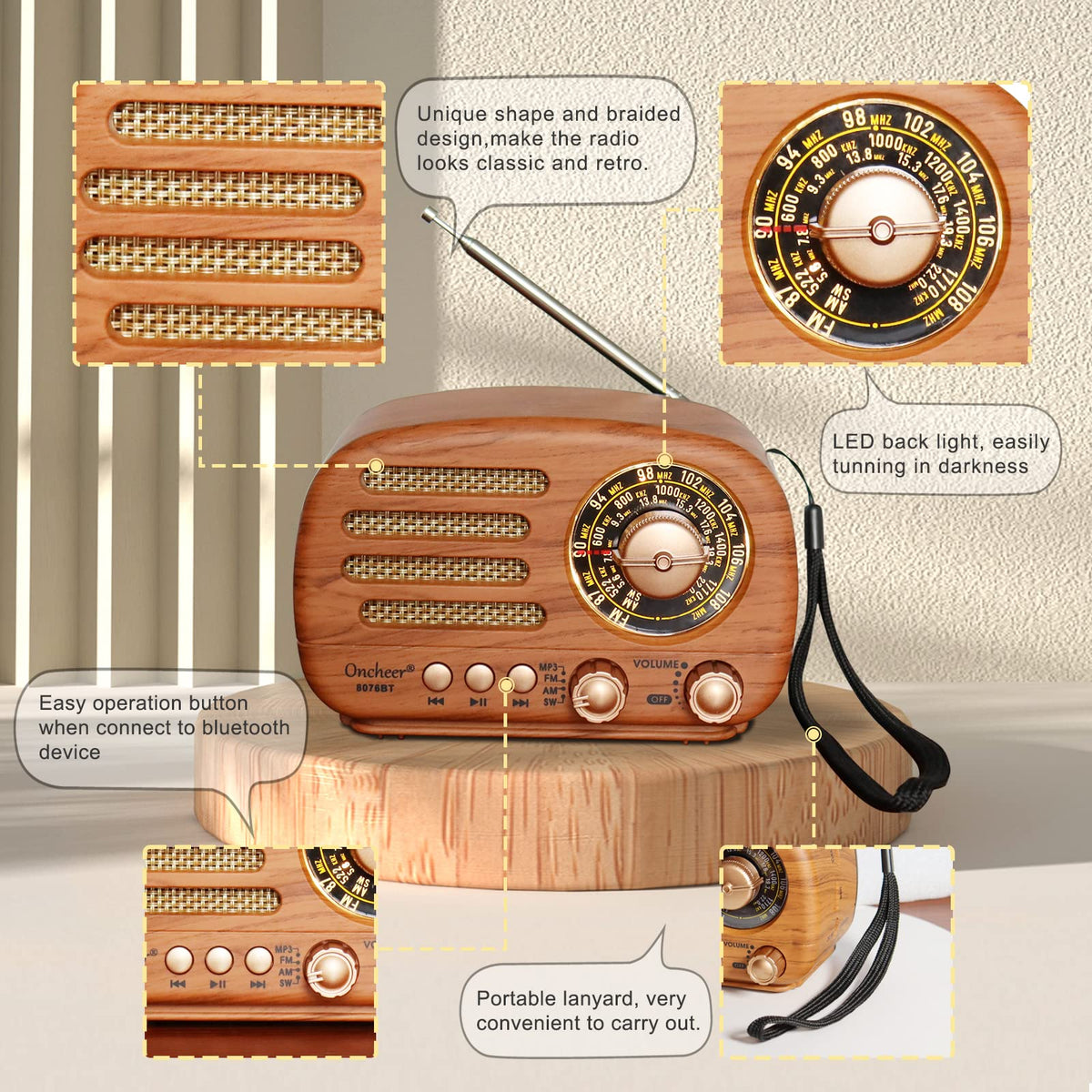 Oncheer FM/AM/SW radio mode with Bluetooth streaming.