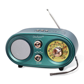 Oncheer green retro Bluetooth radio front view showcasing compact design and rich sound.