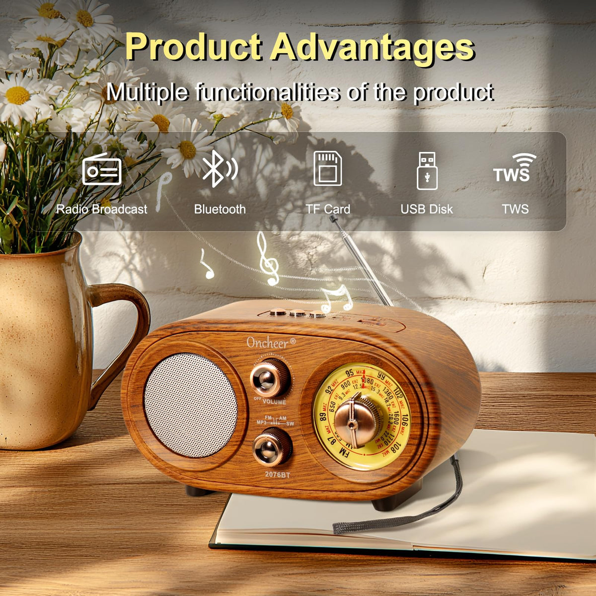 ONCHEER portable music decor brown finish adds nostalgic charm.