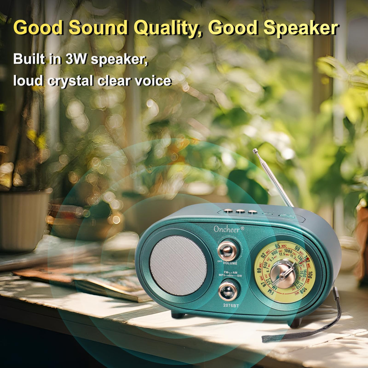 Oncheer portable retro radio with handle demonstrates easy transport for daily listening.