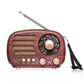 Oncheer portable vintage radio with retro styling and Bluetooth playback.