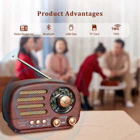 Oncheer retro Bluetooth speaker in a cozy living room scene.