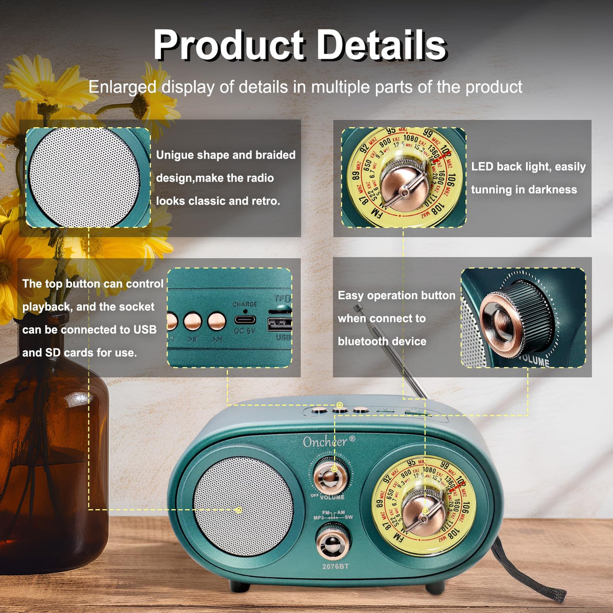 Oncheer TF/USB MP3 playback adds versatile music options.