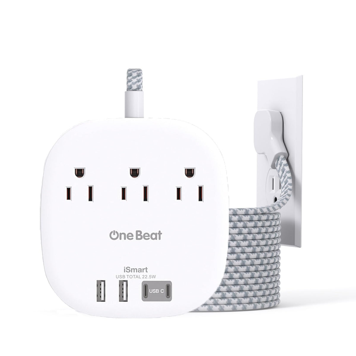 One Beat 10ft extension cord with flat plug for close-to-wall setup.