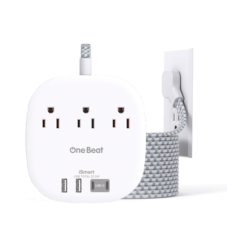 One Beat 10ft extension cord with flat plug for close-to-wall setup.