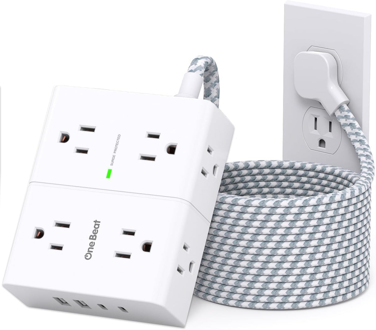 One Beat 10 ft flat-plug extension cord shows space-saving wall reach for cleaner setups