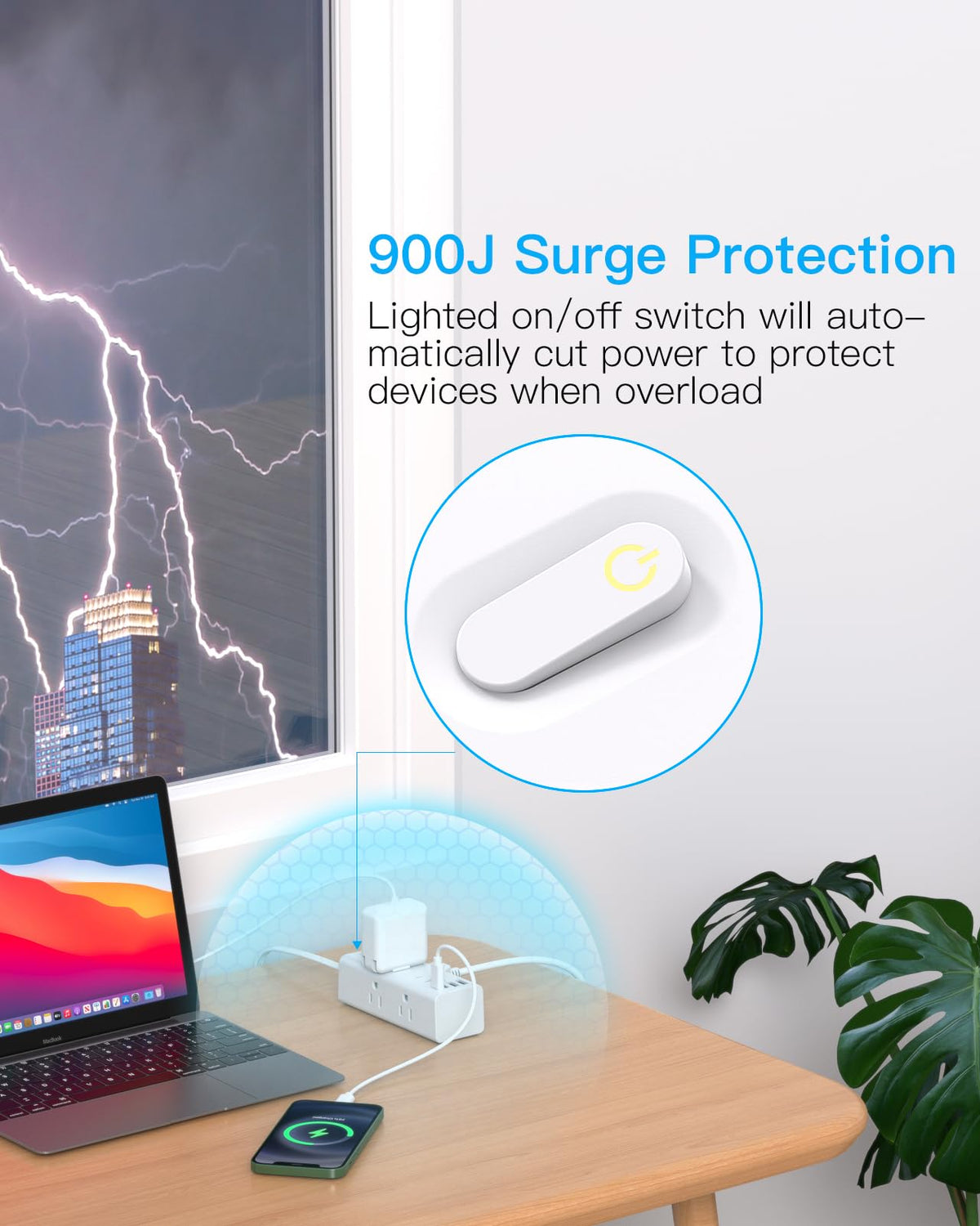 One Beat power strip with back-mount holes for secure desktop setup