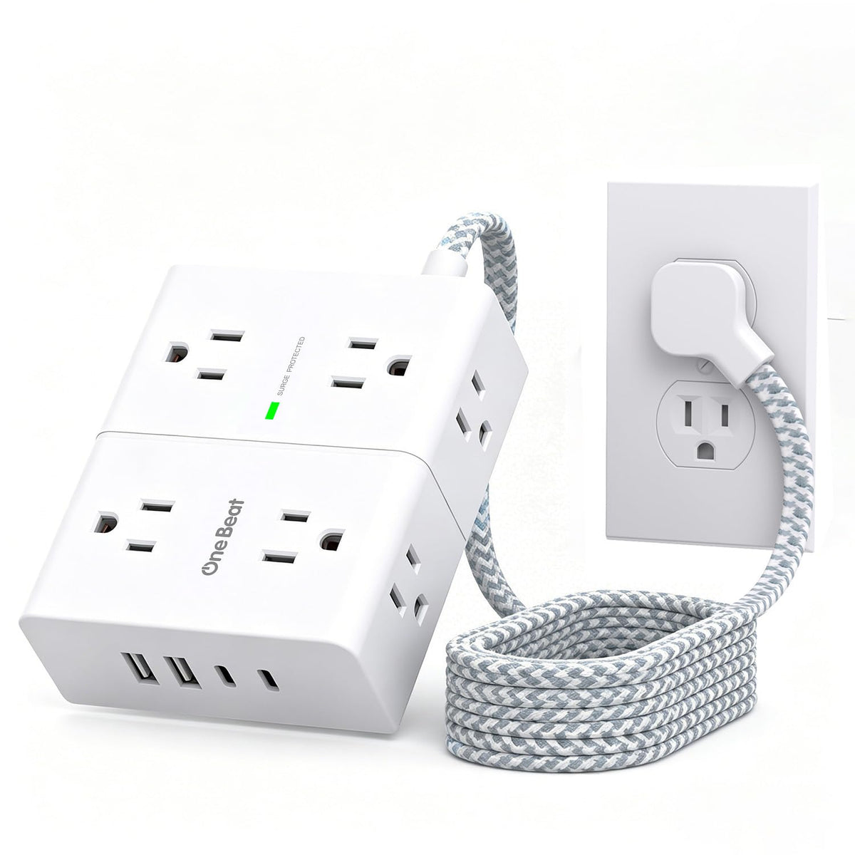 One Beat braided power strip with eight outlets and USB-C ports for organized charging.