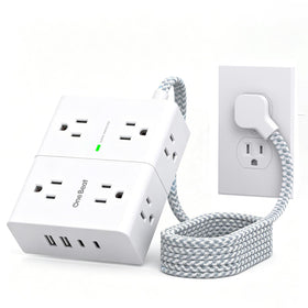 One Beat braided power strip with eight outlets and USB-C ports for organized charging.
