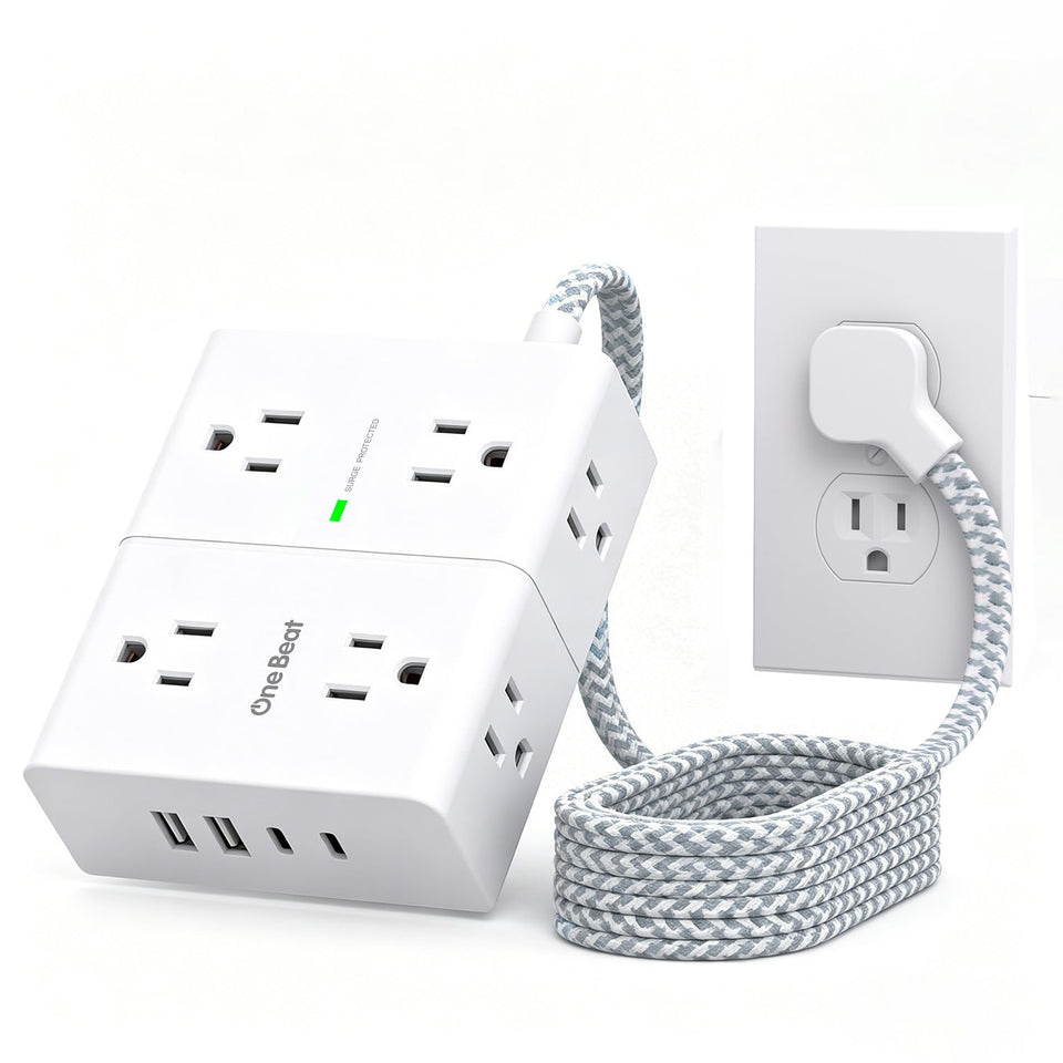 One Beat braided power strip with eight outlets and USB-C ports for organized charging.