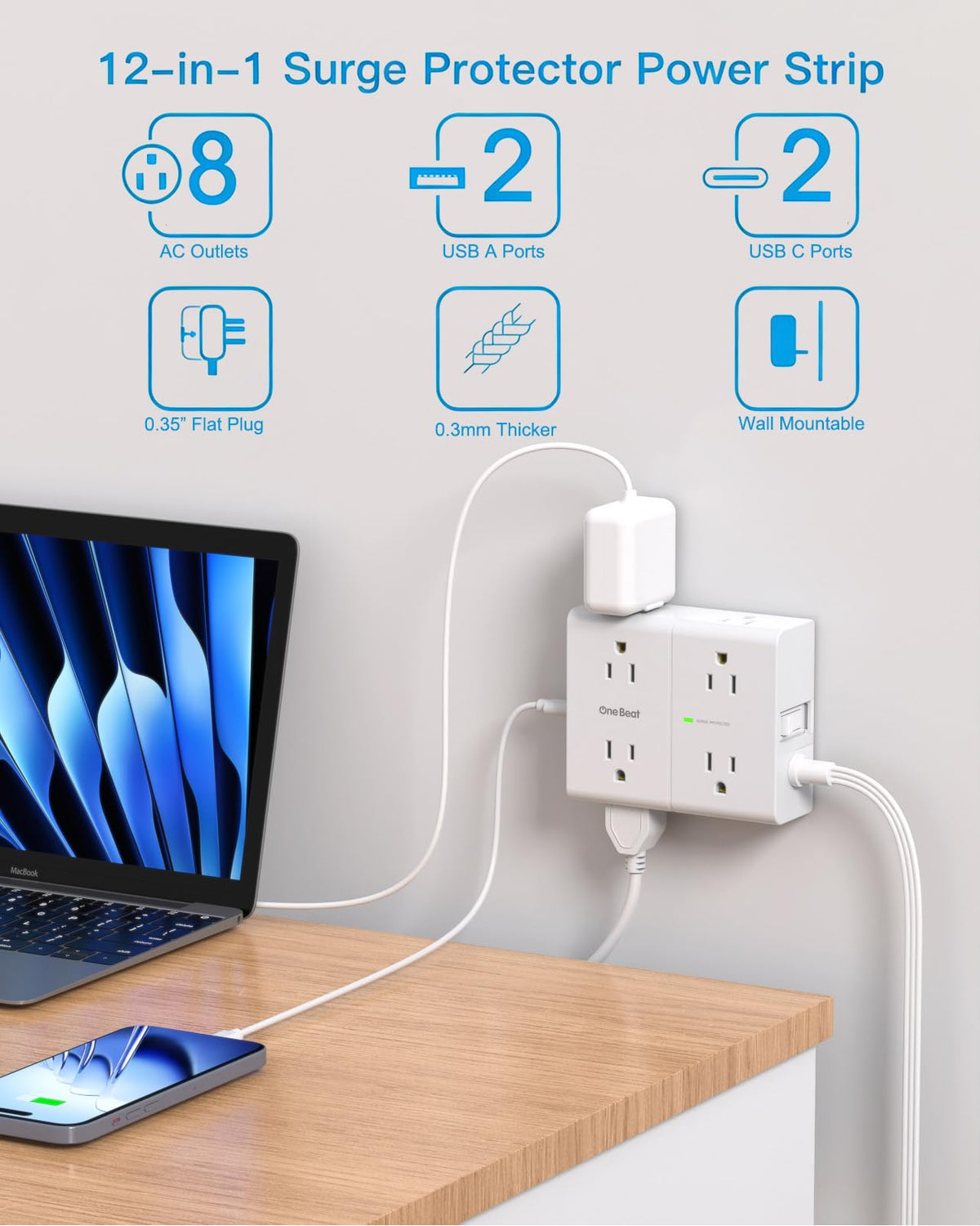 one beat close-up of ultra-thin flat plug flush to wall for space saving