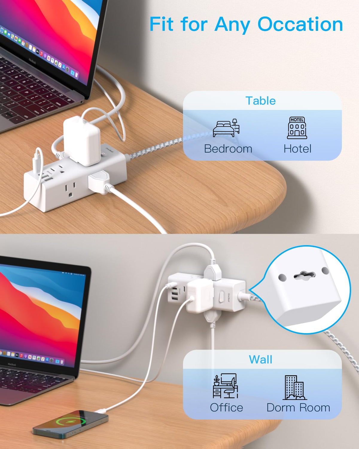 One Beat compact power strip ideal for dorms and travel scenarios.