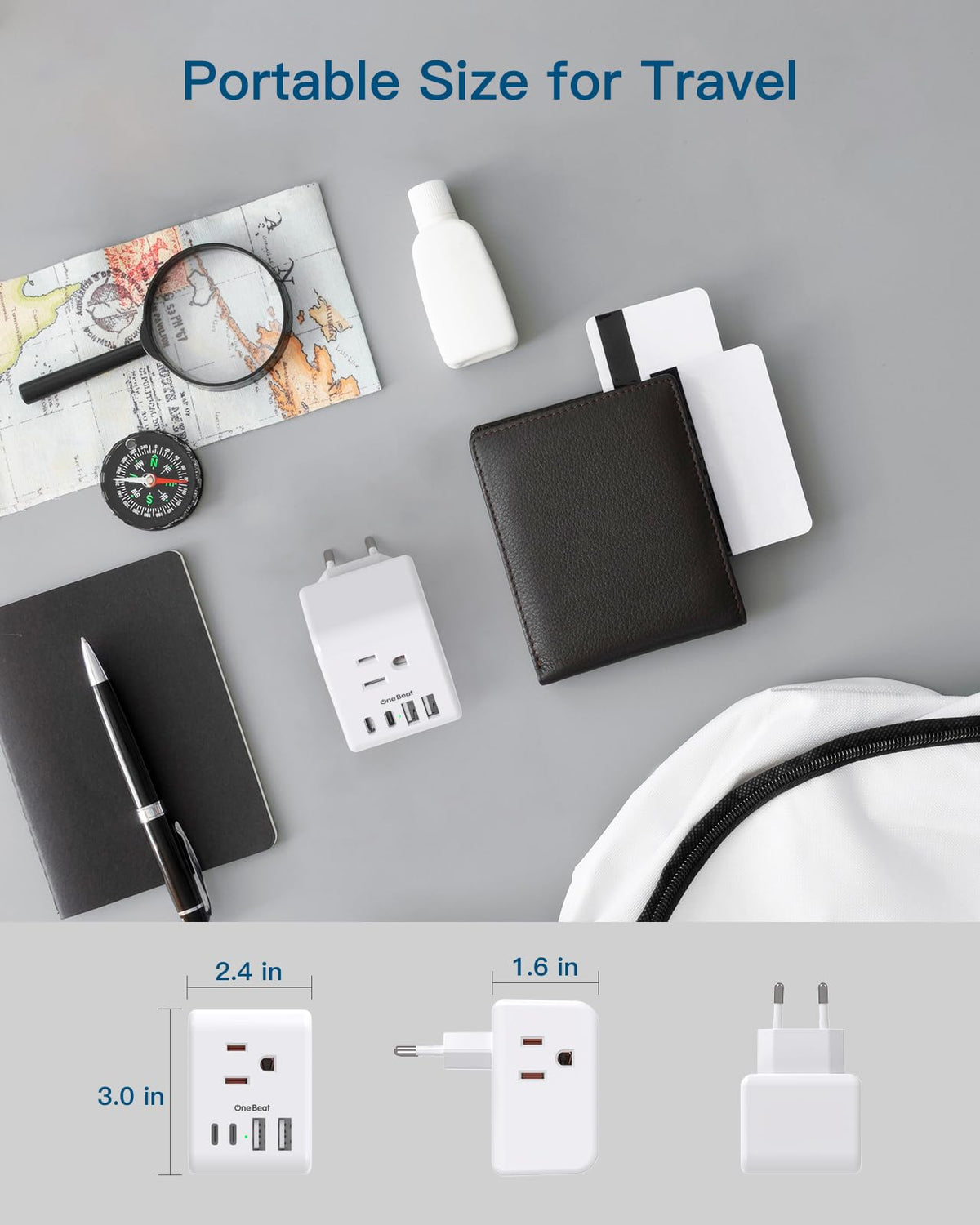 One Beat compact travel size adapter fits in a pocket or bag