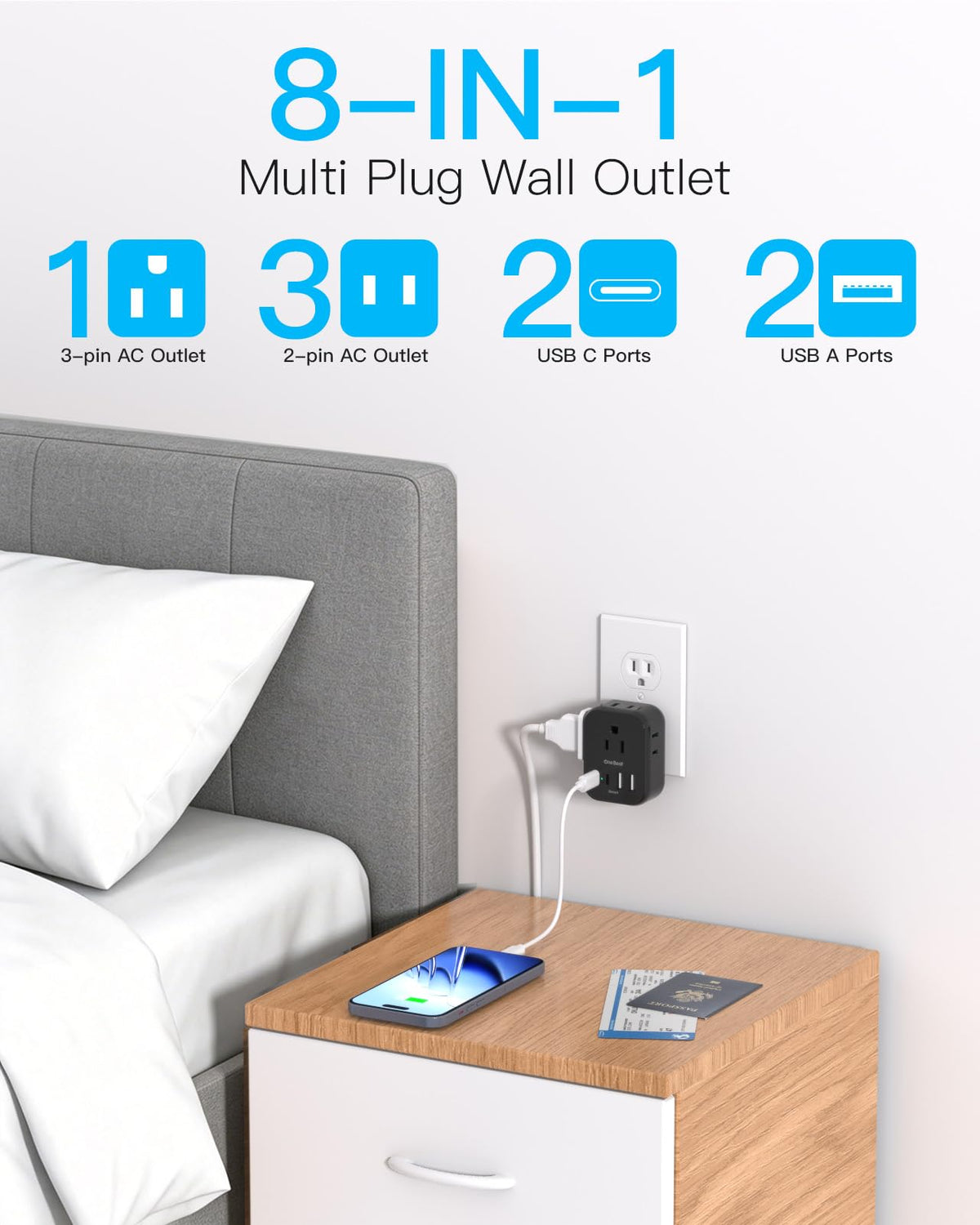 One Beat cruise-approved power strip on a cabin desk, showcasing safety and ship compliance.
