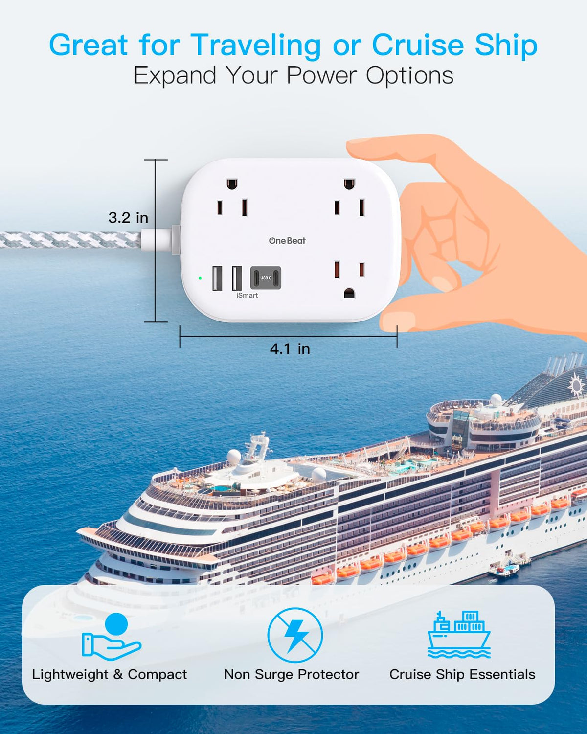 One Beat Cruise Essentials shows three AC outlets for multiple devices at once.