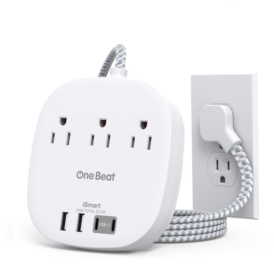 One Beat cruise power strip with flat plug saves space on desks