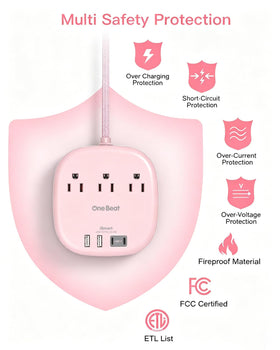 One Beat cruise-use pink power strip highlighting cruise-ship compliant design