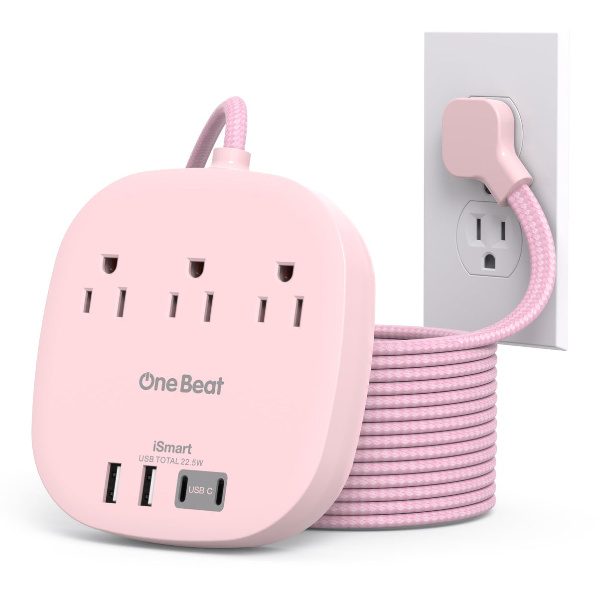 One Beat cruise power strip pink front view with 3 outlets and USB ports for tidy desks