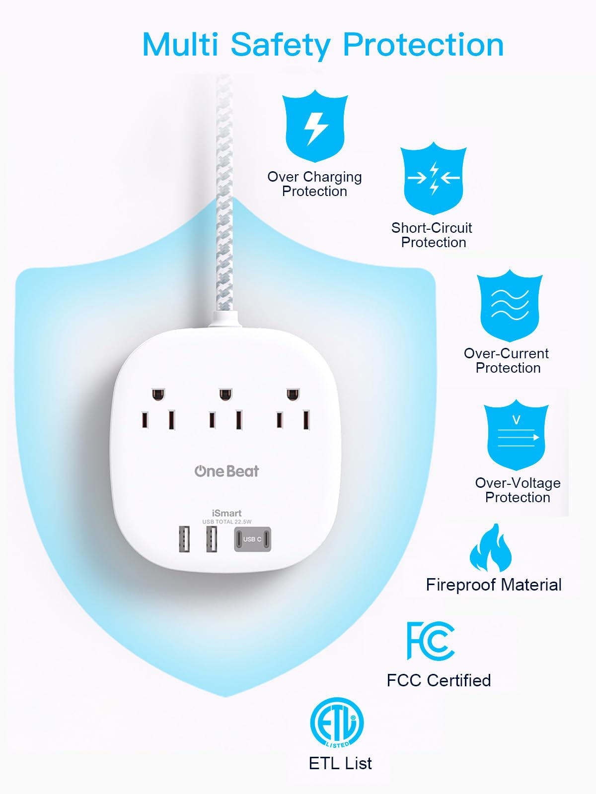 One Beat power strip with ETL and FCC certification for safe daily use