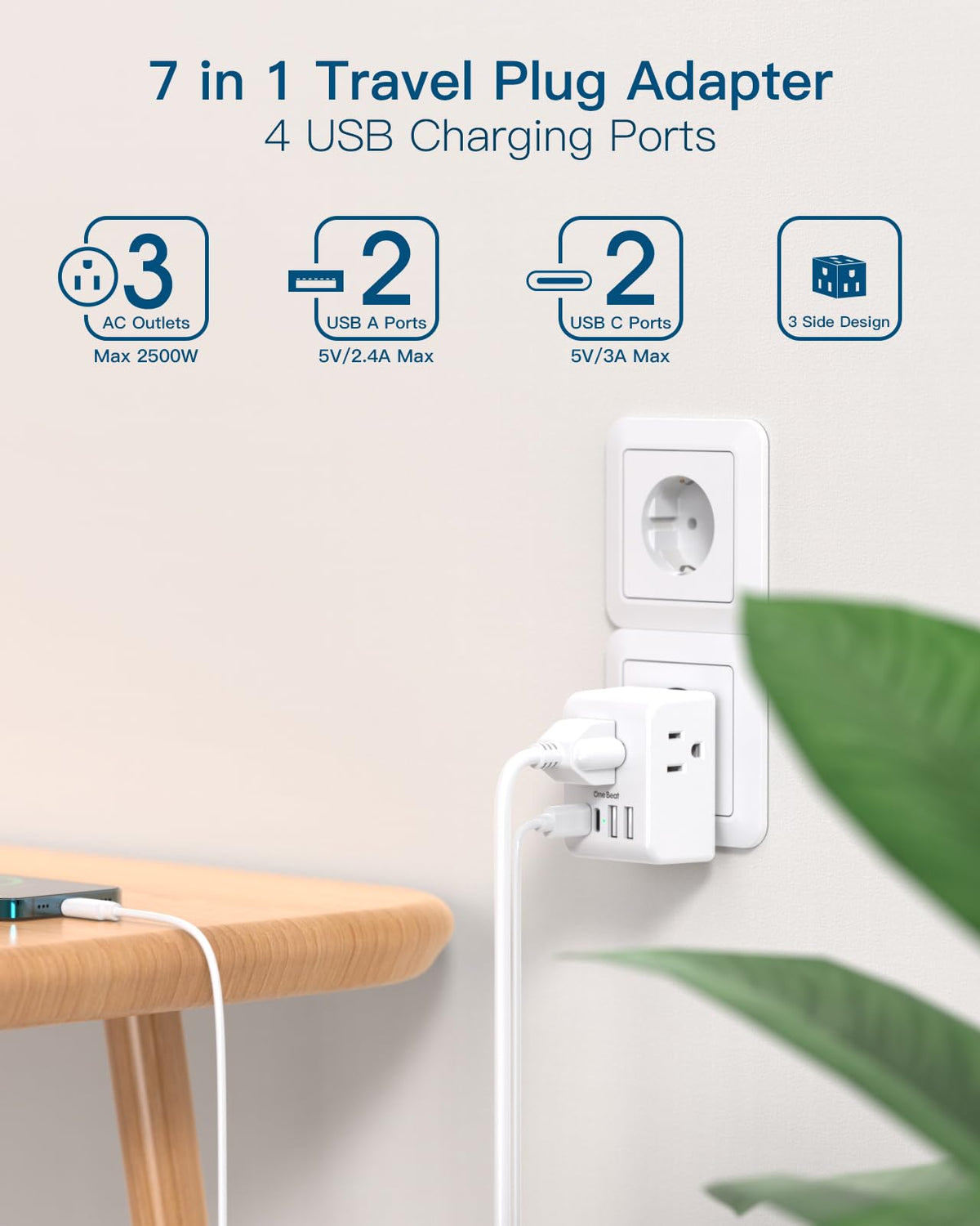 One Beat europe travel plug adapter with multiple outlets for European trips