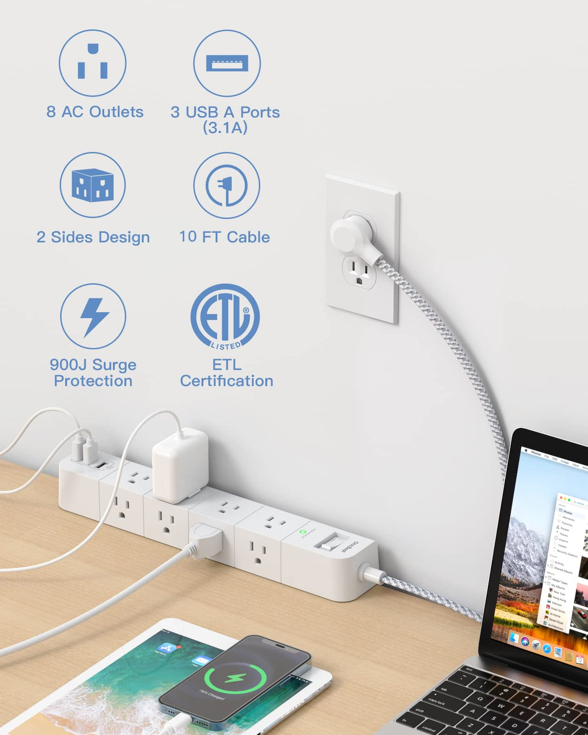 One Beat surge-protected extension cord shows protection indicator for secure electronics on your workspace.