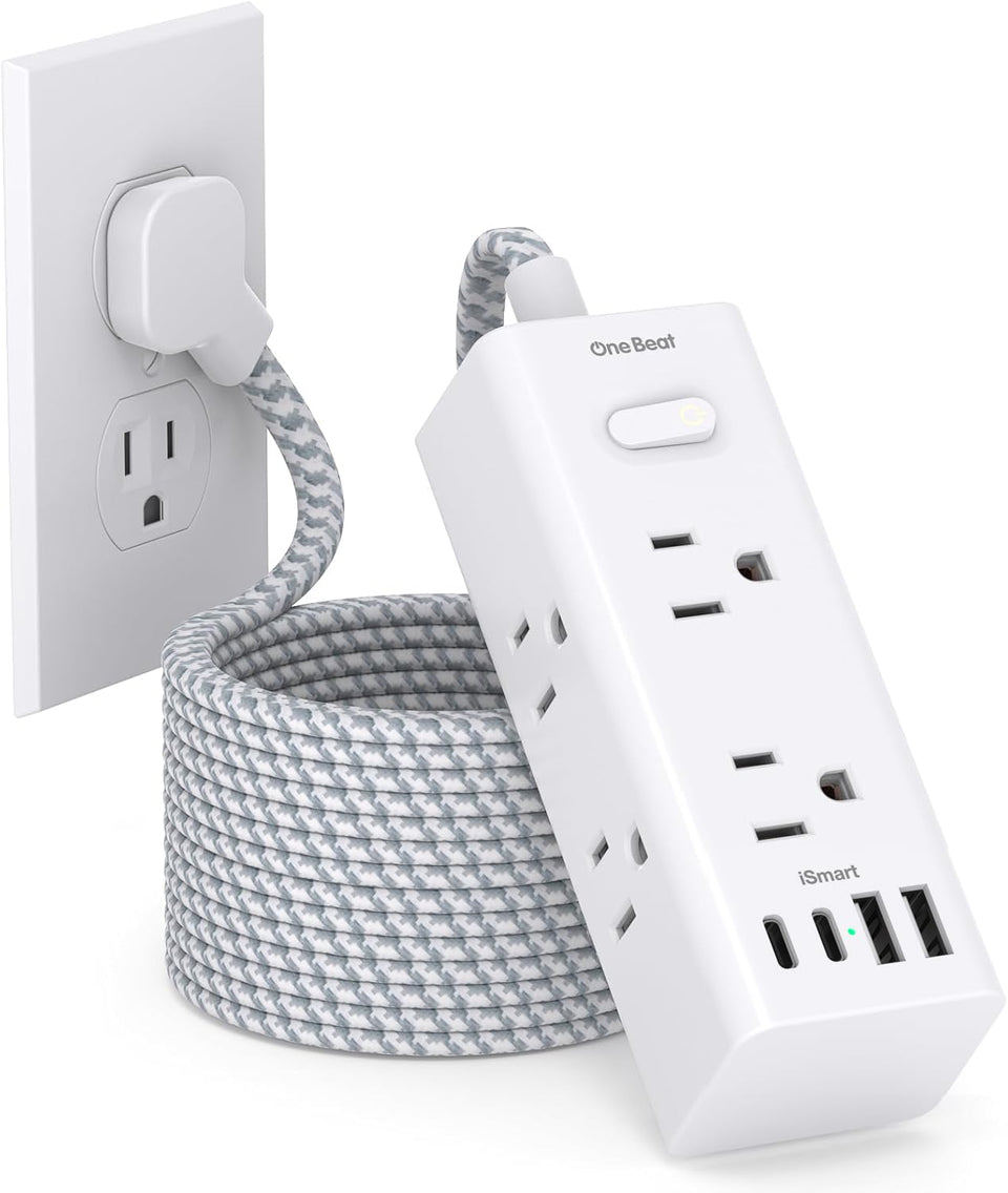 One Beat flat plug extension 20ft powers devices while saving space.
