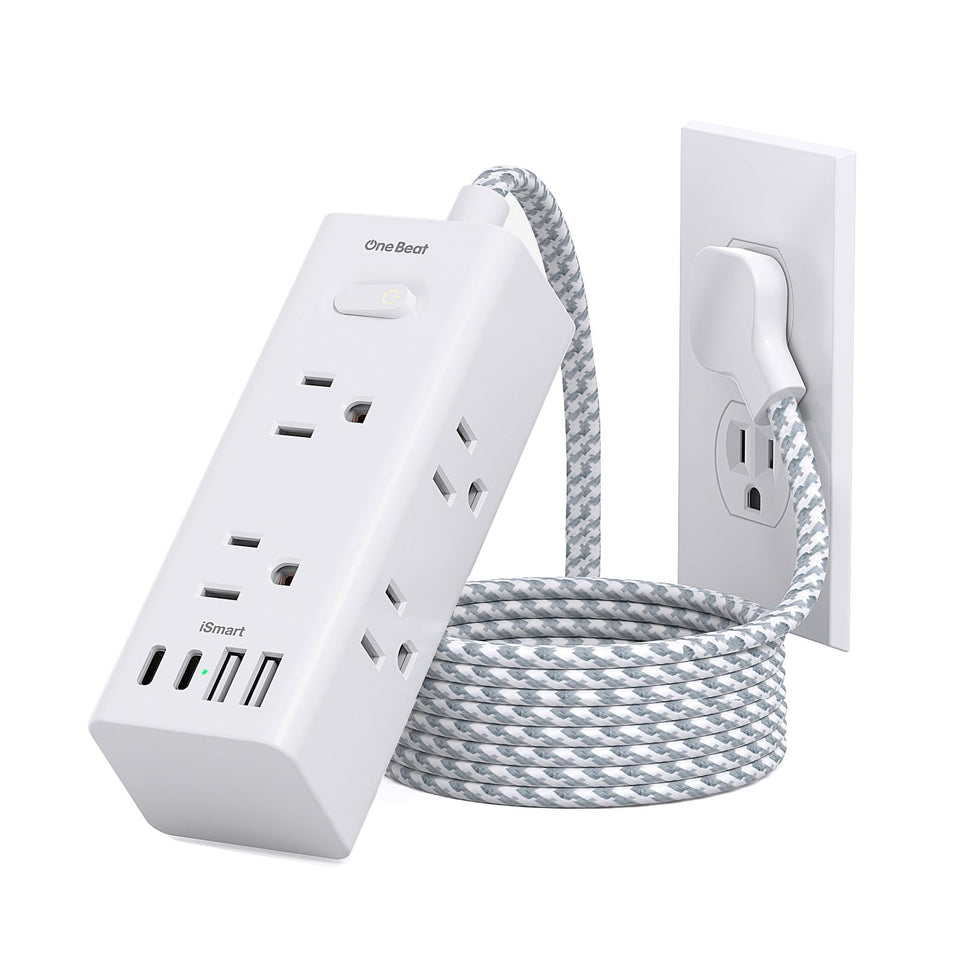 One Beat flat plug extension 5ft front view, compact and space-saving.