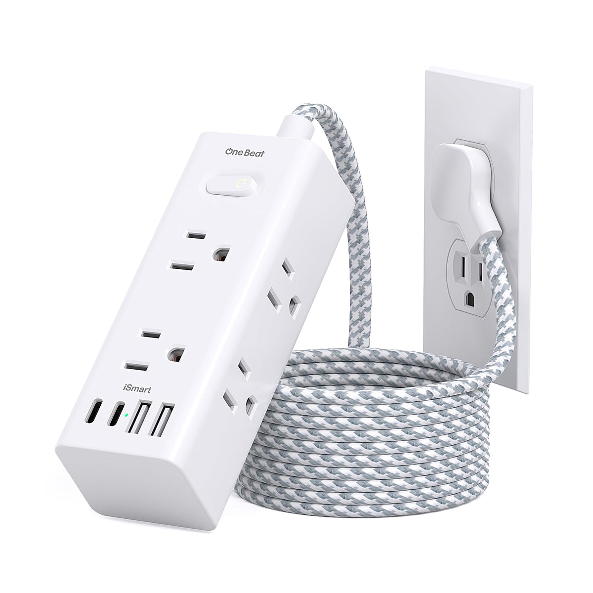 One Beat flat-plug extension with six outlets and USB ports for desk charging.