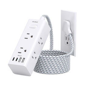 One Beat flat-plug extension with six outlets and USB ports for desk charging.