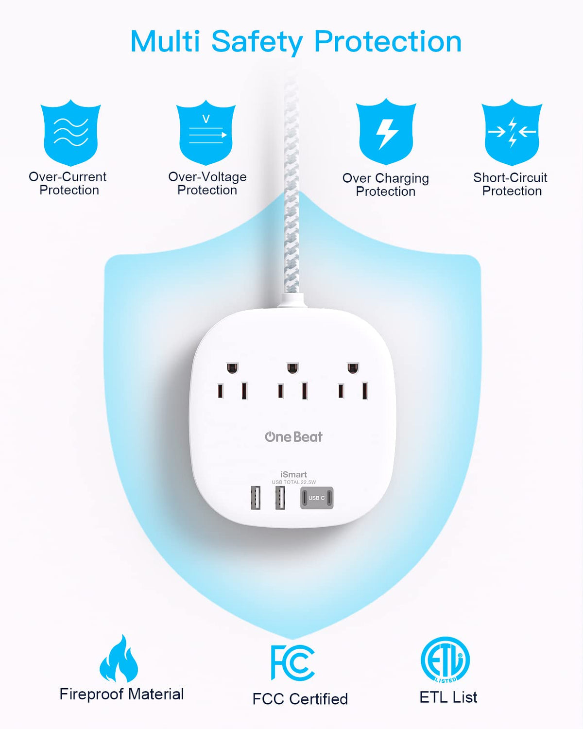 One Beat flat plug for dorms and offices keeps outlets accessible.