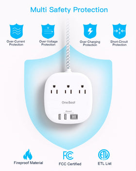 One Beat flat plug for dorms and offices keeps outlets accessible.