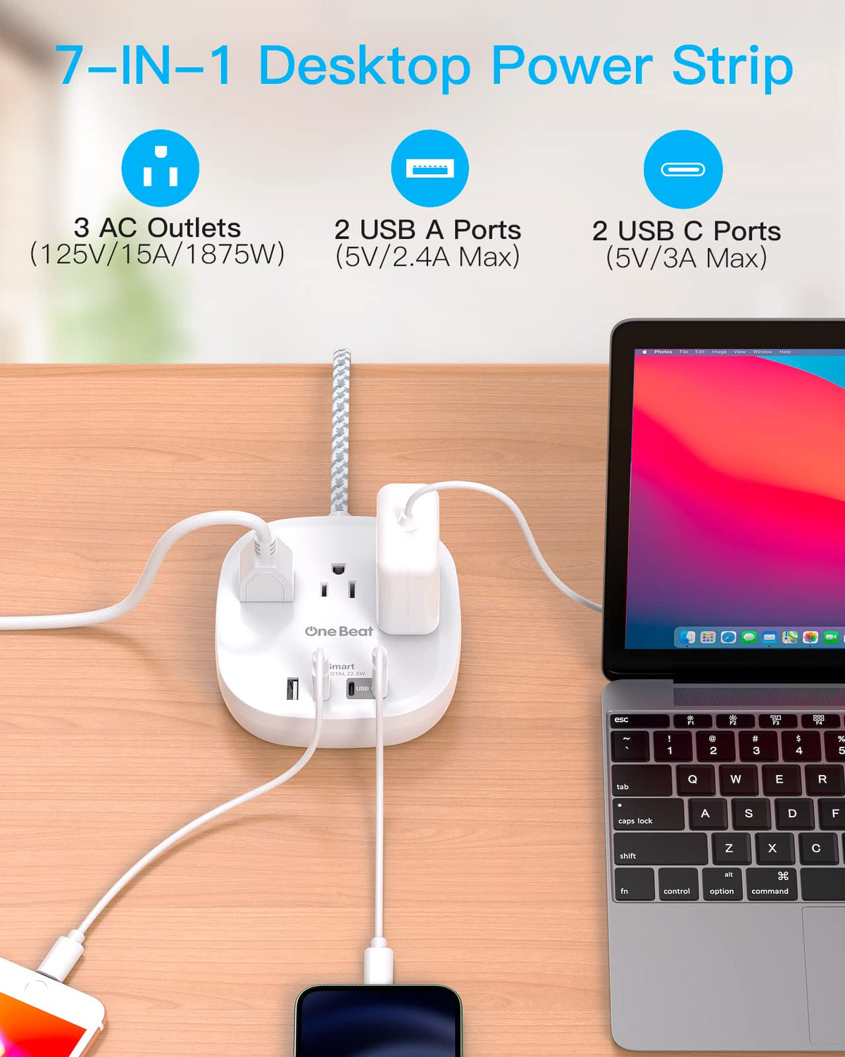 One Beat power strip with ETL FCC certification and fireproof casing.
