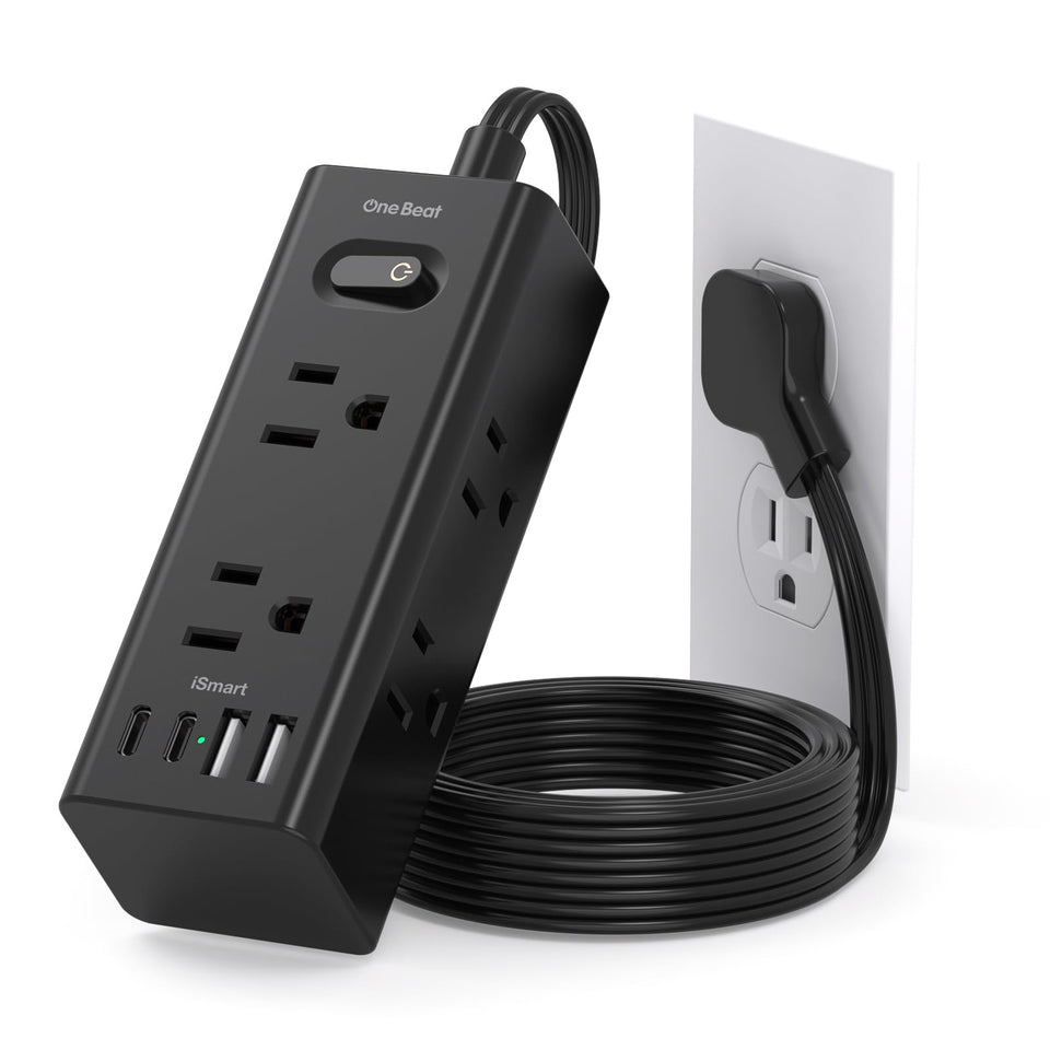 One Beat flat-plug power strip with a slim profile for hidden wall mounting.