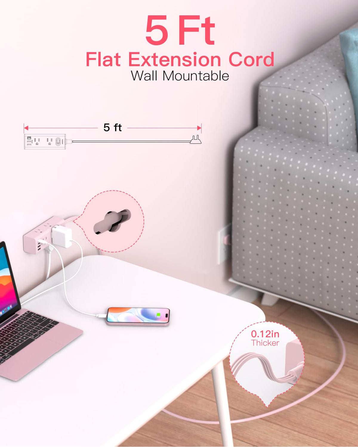 One Beat flat plug power strip neatly tucks against walls for space-saving organization.