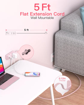 One Beat flat plug power strip neatly tucks against walls for space-saving organization.