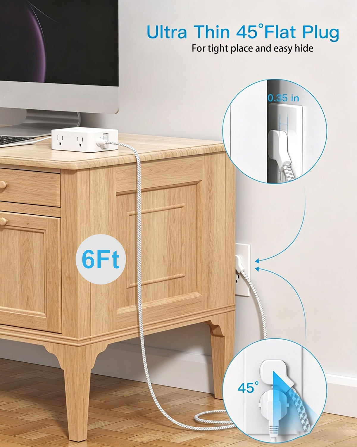 One Beat flat plug right-angle design frees space on crowded outlets.