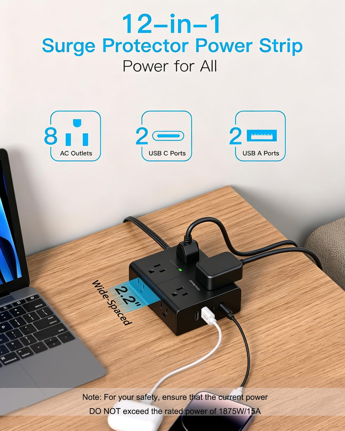 One Beat power strip ultra-thin flat plug fits neatly behind furniture.