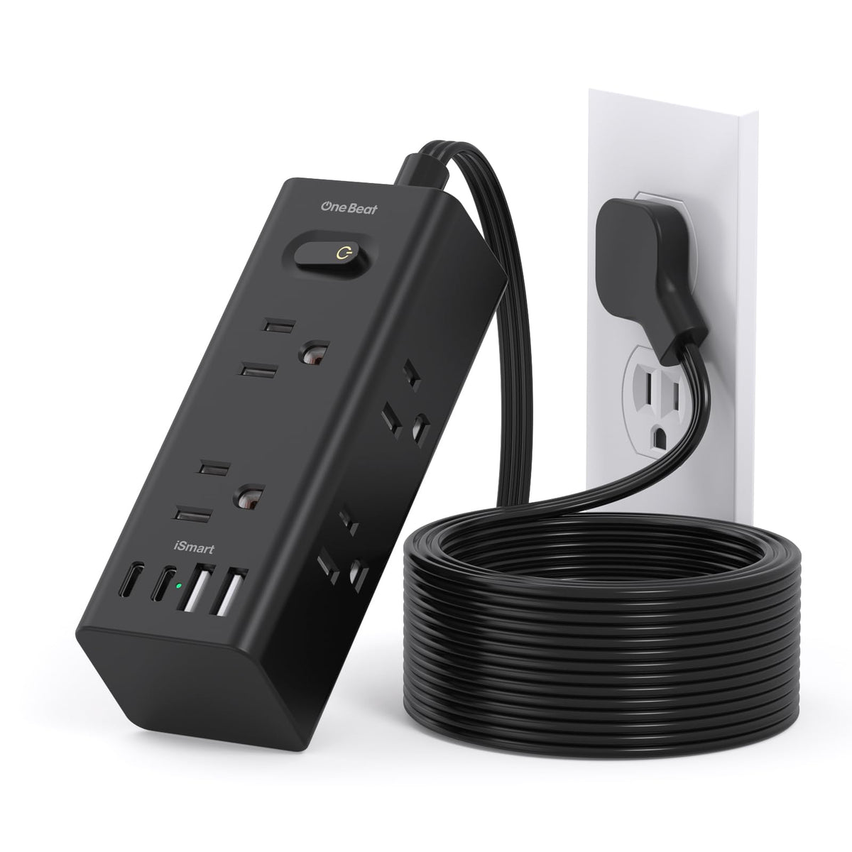 One Beat front view of power strip showing outlets and ports for organized charging