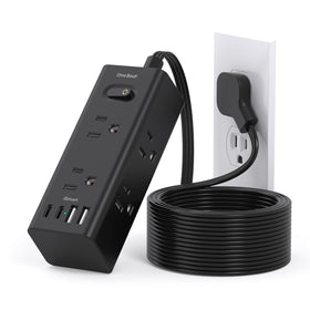 One Beat front view of power strip showing outlets and ports for organized charging