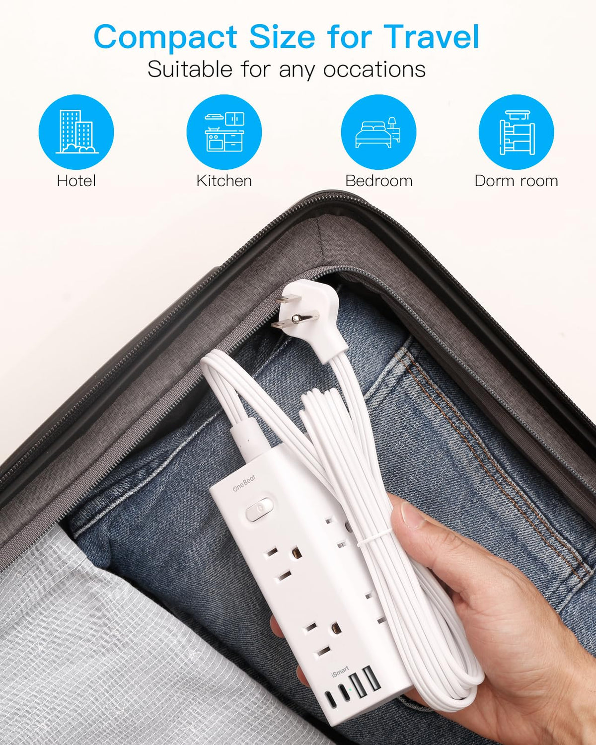 One Beat wall-mountable strip keeps cords tidy on any desk.