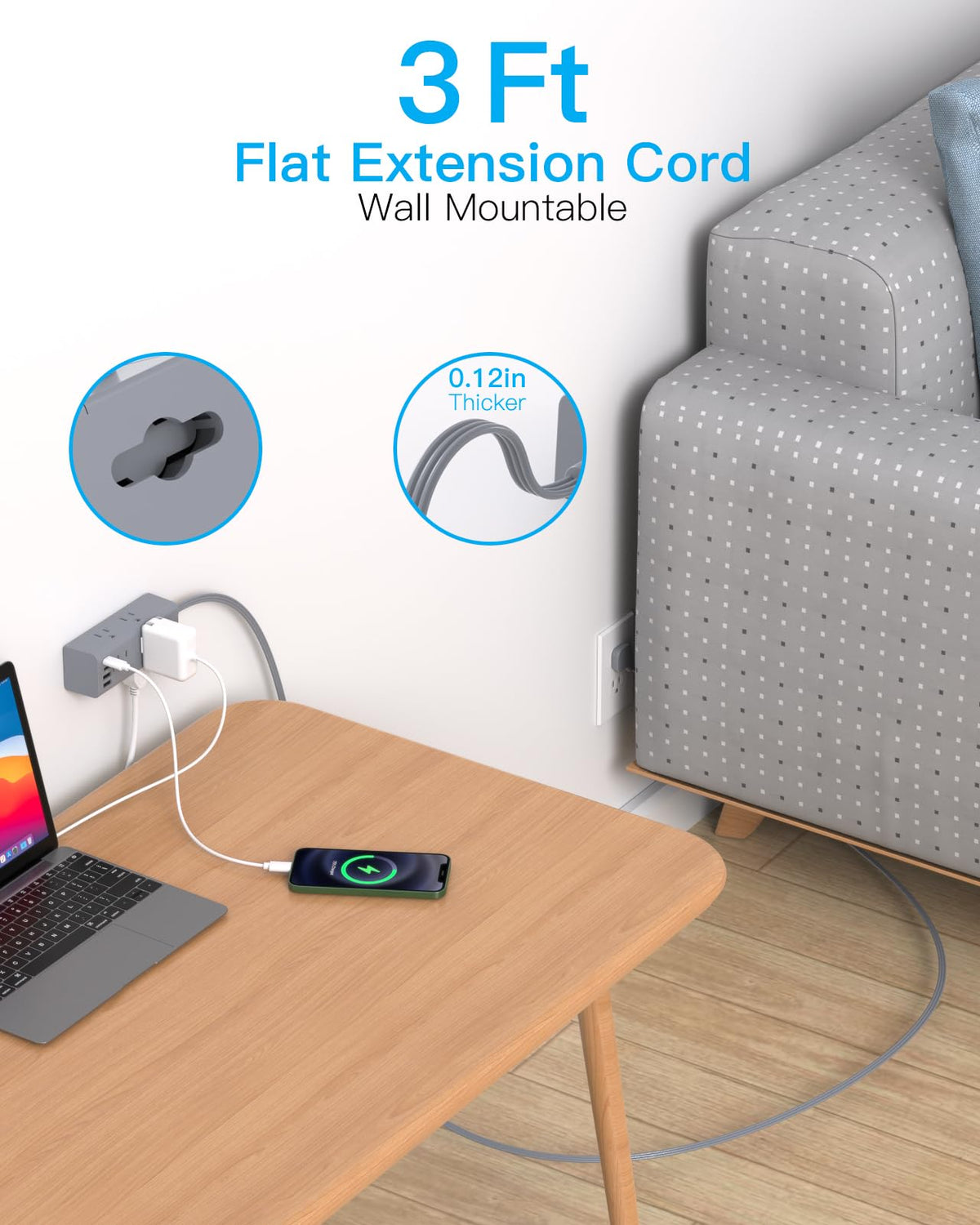 One Beat flat wall plug with right-angle design saves dorm room space