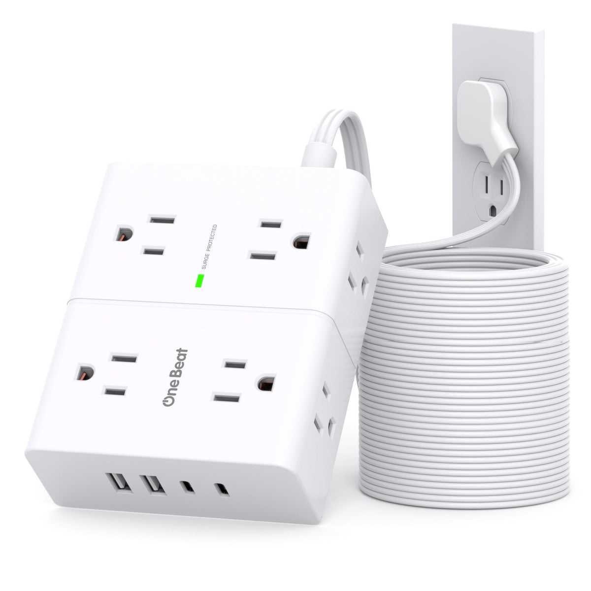 one beat front view showing 8 outlets and 4 usb ports for versatile charging