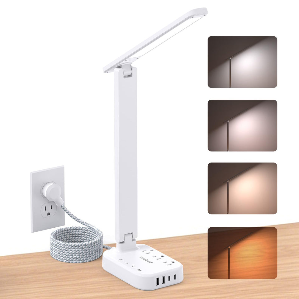 One Beat front view showing lamp and power strip for organized desk charging