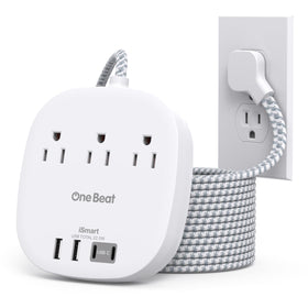 One Beat power strip front view showing outlets and USB ports for tidy charging