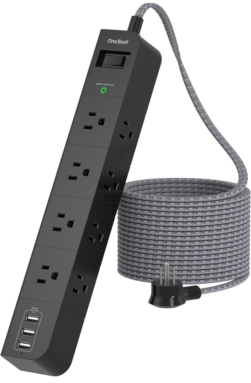 One Beat front view of power strip showing outlets and clean layout benefit