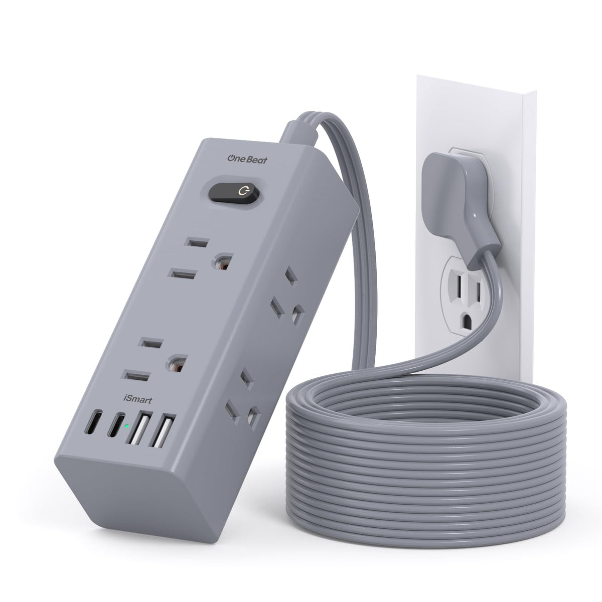 One Beat front view showing compact power strip and benefit of space saving