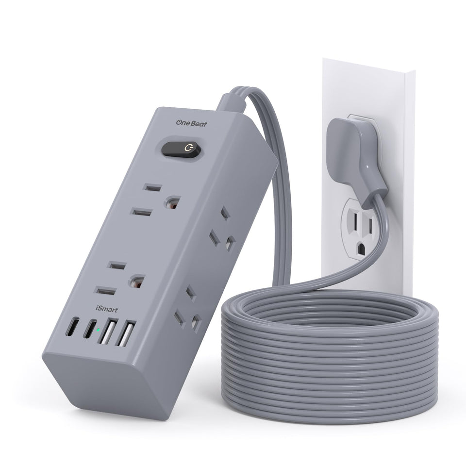 One Beat front view showing compact power strip and benefit of space saving