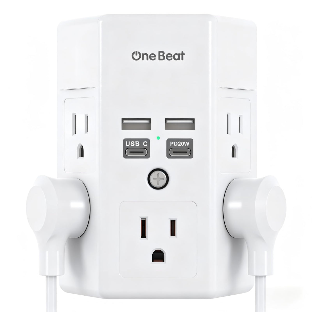 One Beat front view wall mounted showing outlets and USB ports for organized power