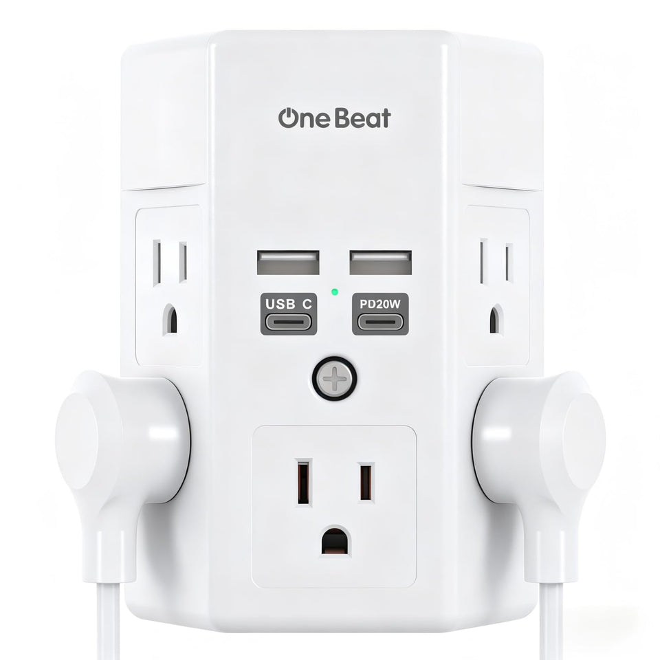 One Beat front view wall mounted showing outlets and USB ports for organized power